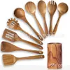 Juego de Utensilios de Cocina de Madera de Acacia, Espátula de Madera Maciza con Mango Largo, Cuchara para Sopa, Colador, Espátula para Cocinar, Herramientas de Cocina para el Hogar