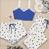 Pijama de Verano 2026 Estilo Nuevo Conjunto de Tres Piezas de Pantalones Cortos con Tirantes Estampado de Corazones Pijama Estilo Ropa de Casa para Niña Dulce