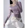 Top de punto sexy de otoño para mujer, hombros descubiertos, cuello en V, color liso, estilo Chanel, capa base cruzada única