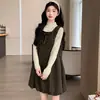 Moda Gestante Outono/Inverno Novo Macacão Saia de Bolinhas Conjunto Camada Base de Tricô Vestido com Flor Bud de Laço Conjunto de Duas Peças