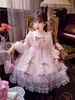 Vestido Lolita Rosa para Niñas Encaje Lazo Malla Vestido Princesa Dulce Vestido de Mangas Abullonadas