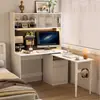 Escritorio Plegable de Madera Maciza para Esquina Estantería Integrada Pared de Libros para Dormitorio Escritorio de Estudio Plegable Giratorio en Forma de L para Computadora