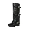 Botas de Caballero Medievales Occidentales Vintage Otoño/Invierno 2026, Punta Redonda, Suela Gruesa, Tallas 40-45, Hebilla Metálica, Botas Altas Plisadas
