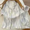 Pijama de Algodão Nuvem para Mulheres, Verão Fino de Manga Curta com Shorts, Conjunto Casual Doce com Listras de Tinta para Casa que Pode Ser Usado Fora