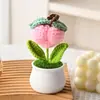 Plantas Verdes Simuladas Tejidas a Mano, Macetas Tejidas a Mano con Flores de Rosa, Adornos para Coche de Hilo Terminado DIY, Ramos