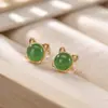 Brincos Originais S925 Prata Esterlina Banhado a Ouro Jade Hetian Temperamento Deusa Combinando Gato Fofo Senhora Temperamento Studs Brincos
