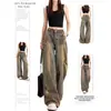 Jeans largos rasgados estilo deserto retrô americano para mulheres, design fino de verão, cintura alta, calças retas largas