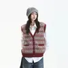 Chaleco Tejido Jacquard Estilo Coreano Retro Fair Isle para Mujer Otoño Invierno Cuello en V Sin Mangas Camiseta sin Mangas para Superponer Ropa Exterior Chaleco Chaqueta