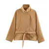 Venta al por mayor transfronteriza de ropa para mujer: Chaqueta de trabajo de ante sintético, elegante y sencilla, de manga larga, cuello alto y cinturón, 2026