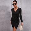 Amazon Independent Station Comércio Exterior Transfronteiriço Moda Europeia e Americana Vestido Feminino Preto Decote em V Slim-fit Manga Longa Roupa Interior Feminina
