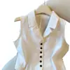 Moda Verão 2026 Estilo Old Money Camisa Sem Manga de Botão Único com Gola Lapela para Mulheres, Caimento Solto, Emagrecimento, Colete de Linho Versátil