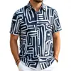 26 Camisa Havaiana Masculina de Manga Curta para o Verão Estampa Geométrica Abstrata Gola Cardigan Camisa Casual Europeia Americana para Férias