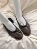Versão em pele de ovelha~Estilo casual vintage sapatilhas ballet de couro genuíno plissadas com sola macia para mulheres com corte baixo e detalhe de laço