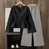 Comercio Exterior Ropa para Niñas Primavera Nuevo Estilo Moda Europea y Americana Cuello en V Corbata de Lazo Cintura Ajustada Mangas de Campana Conjunto de Top y Pantalones de Pierna Ancha