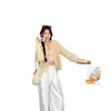 Cárdigan Corto de Punto Amarillo para Mujer Otoño Invierno Ropa de Abrigo Suéter Suave Lecheso Esponjoso Estilo Perezoso Holgado Adelgazante Top