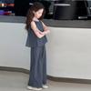 Traje de verano para niñas 2025 Moda para niñas Estilo coreano Elegante Lino Algodón Tirantes Pantalones Casuales Conjunto de dos piezas