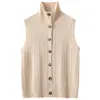 Chaleco de Cachemira para Mujer de Lana de Cordero Otoño Invierno Nuevo Estilo Tejido de Trenza Cuello Alto Botones Color Sólido Versátil Sin Mangas Tejido Cardigan Cálido