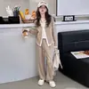 Moda Feminina Primavera e Outono Estilo Simples Personalidade Preguiçoso Cardigã de Manga Longa Falso Duas Peças Conjunto de Duas Peças Calça de Perna Larga Casual