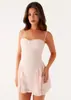 Vestido Curto de Renda Rosa Claro com Alças Finas Estilo Europeu e Americano Outono 2025 para Mulheres, Body Justo com Amarração nas Costas, Saia em Linha A