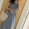 Vestido Bretelle Xadrez Fresco e Simples Estilo Francês, Saia Longa, Vestido Bretelle Xadrez Estilo Coreano