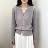 Cárdigan de punto de manga larga para otoño e invierno con cuello en V para mujer, nuevo suéter abrigo de punto ajustado con giro vintage para mujer