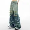 Jeans preto retro americano com barra curva para homens e mulheres, novo estilo de primavera, design high street, corte solto, modelador, perna larga fluido