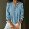 Ropa Femenina Europea y Americana Transfronteriza 2025 Amazon Nueva Camisa de Algodón y Lino de Rayas de Color Sólido con Cuello en V de Manga Larga Casual para Mujer