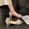 Sandalias de Verano 2025 Nueva Moda Estilo Coreano Piel Brillante Tacón Bajo Tacón Grueso Punta Abierta Talón Cerrado Correa en el Tobillo para Uso en Exteriores
