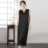 Vestido Sencillo de Cuello en V con Textura Plisada de Ácido Acético Vintage con Abertura Lateral Elegante Suelto de Satén Sin Mangas Falda para Verano