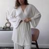 2025 Ropa de dormir y para estar en casa de algodón puro blanco suelto con volantes y mangas largas, conjunto de camisón y pantalones, europeo y americano