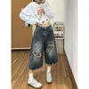 ChaoLi tiene en stock jeans de pierna ancha holgados de cintura alta estilo retro con salpicaduras de pintura rotos, pantalones cortos para mujer, pantalones rectos adelgazantes