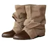 Coleção Nova Primavera/Outono 2026: Botas de tornozelo em lona com bico redondo, estilo retrô, tiras cruzadas e uma leve plataforma para altura extra, projetadas para mulheres baixinhas.