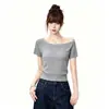 Top de punto calado de ganchillo estilo coreano, de un solo hombro y manga corta para mujer, top básico simple de verano que estiliza la cintura