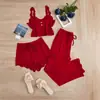 Pijamas de Encaje Transfronterizos Populares para Mujer, Traje de Encaje de Tres Piezas, Tirantes, Pantalones Cortos, Pijamas, Ropa de Casa Sexy para Mujer