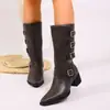 Comercio Exterior Europeo y Americano Otoño Nuevo Hebilla de Cinturón de Color Sólido Botas de Montar, Botas de Moda para Mujer de Talla Grande, Punta Fina, Caña Alta, Tacón Bajo