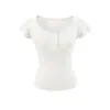 Atacado de Roupas Femininas Transfronteiriças Verão Novo Slim Fit Gola U Grande Manga Flare Bainha Abertura Frontal Manga Curta Pulôver Camiseta