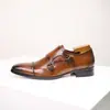 Sapatos Monge Quadrados de Couro Genuíno Masculinos de Tamanho Grande para Travessia de Fronteira, com Fivela Dupla, Estilo Britânico, Formais de Negócios, Moda para Cavalheiros, Sapatos de Couro