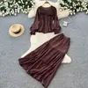 Conjunto cardigan e saia de cintura marcada em estilo francês suave para mulheres outono emagrecedor duas peças roupa para o trabalho camisa feminina versátil de manga longa