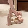 Sapatos de Salto Alto Mary Jane com Saia Salto Grosso Plataforma Impermeável Sapatos Brancos de Casamento Sapatos de Couro Francês Sapatos com Laço de Pérola