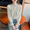 Blusa de Chiffon com Gola V Franzida e Amarração Feminina Outono 2026 Nova Manga Longa Moda Francesa Top Franzido