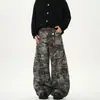Calça Cargo Camuflada Wide-Leg Estilo Retrô Americano Marca Tendência Solta Design de Usar ao Contrário Jeans Rasgado Scimitar Unissex Tendência