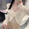 Cardigan de Tricô com Gola V e Renda Jacket de Proteção Solar Feminina Xale de Verão Blusa de Alça Externa Top Coreano de Seda Gelada