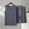 Conjunto de Regata Oversized com Gola Redonda e Shorts com Bolsos de Cordão Masculino, Conjunto de Pijama de Verão em Modal