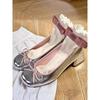 Zapatos de Tacón Alto Mary Jane Plateados para Mujer 2025 Populares Tacón Grueso Ropa de Trabajo Versátiles Boca Baja Lazo Zapatos de Ballet a la Moda