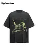 Camiseta de Manga Corta Lavada Vintage de Banda de Moda Retro Americano Estampado Digital Suelto Unisex