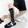Meias Verticais de Renda com Recortes Estilo Ballet para Mulheres, Meias Finas de Verão com Laço de Fita, Meias de Cano Médio para Mulheres