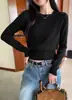 Suéter de tricô de gola redonda liso de manga comprida estilo coreano para mulheres, camisa base Andy de veludo justa para outono e inverno, top casual versátil