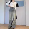 Jeans de estilo americano lavados a la piedra y desgastados para mujer, pierna recta de ajuste holgado para primavera/otoño, pantalones largos con vibra de alta costura europea y americana