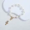 Pulsera de Perlas con Colgante de Cruz, Pulsera de Oración para Fiesta, Flor de Rosa Plana de Venta Caliente Transfronteriza, Cuentas de Bautizo con Alas de Ángel
