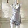 Pijama de Seda Helada Nuevo Verano 2026 para Mujer, Conjunto de Camisola y Shorts, Lazo de Encaje Sencillo, Estilo Lujo Ligero